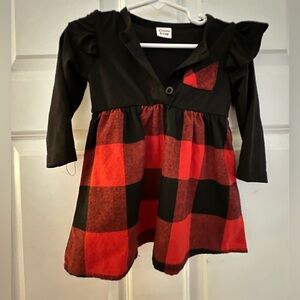 Red Plaid Splicing Black Long-sleeve Dresses